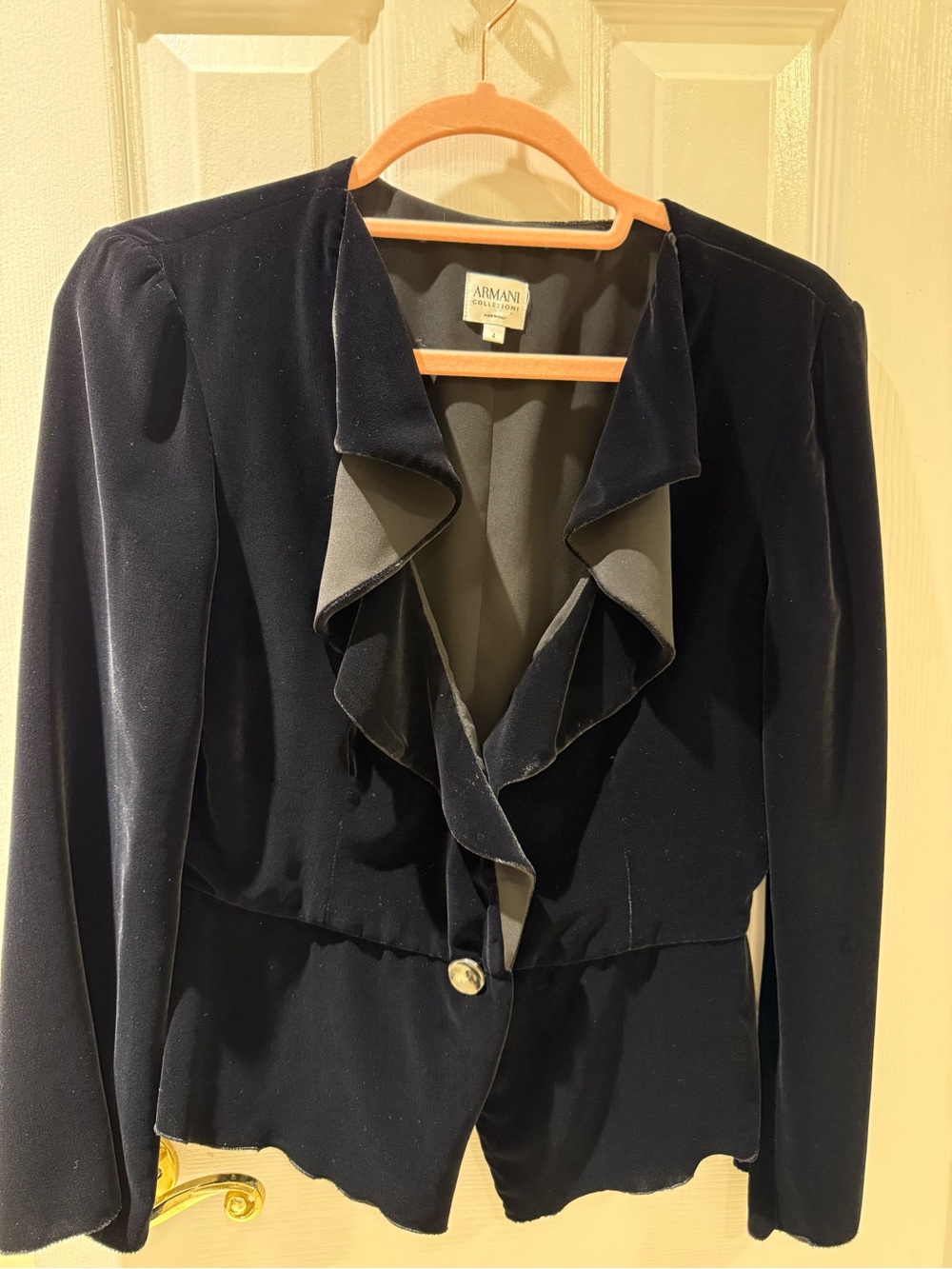 Armani Collezioni Black Velvet Ruffle Lapel Blazer